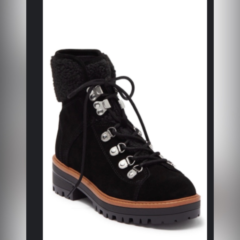 Marc Fisher Black Suede Lace-Up Ankle Combat Boot with Faux Shearling Trim